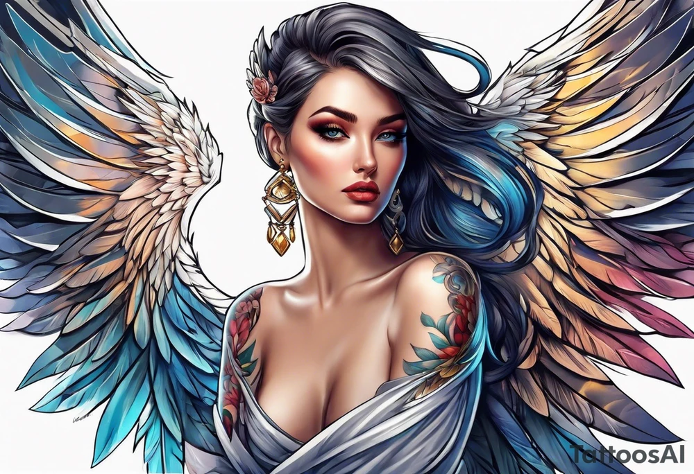 Beautiful woman angle with large wings tattoo idea