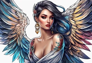 Beautiful woman angle with large wings tattoo idea
