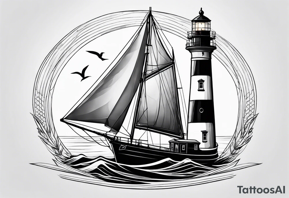 maritime lighthouse in a front view sailboat serving as a mast for a sail. tattoo idea