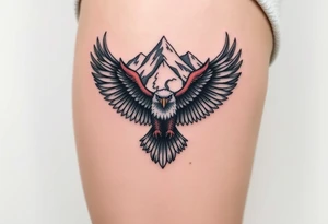 majestic eagle spreading wings against mountain peaks tattoo idea