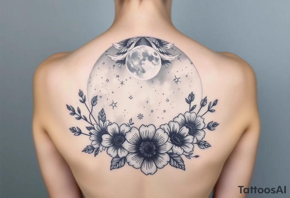 Night sky with constellation, stars & moon seen from a frame of flowers tattoo idea