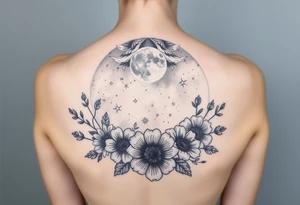 Night sky with constellation, stars  & moon seen from a frame of flowers tattoo idea
