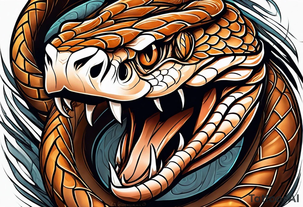 Copperhead coiled up with head turned up and mouth open and copper colored eyes tattoo idea