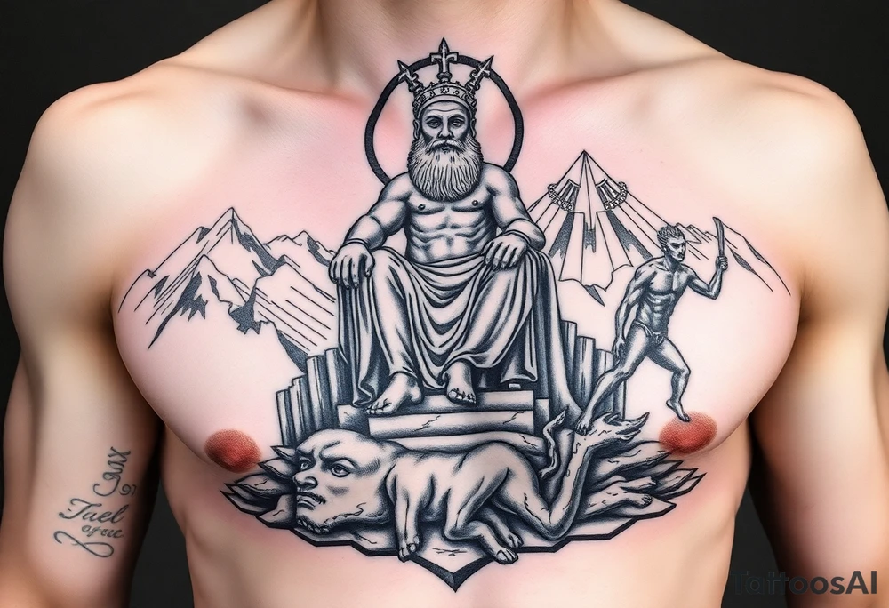 Realism Full chest peice including the Greek gods with zues on his throne looking down from the mountain casting judgement on the people add lighting and Mount Olympus and a temple and a battle scene make zues muscular add hades tattoo idea
