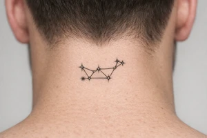 A constellation with one star distinctly dimming, black and grey realism. tattoo idea
