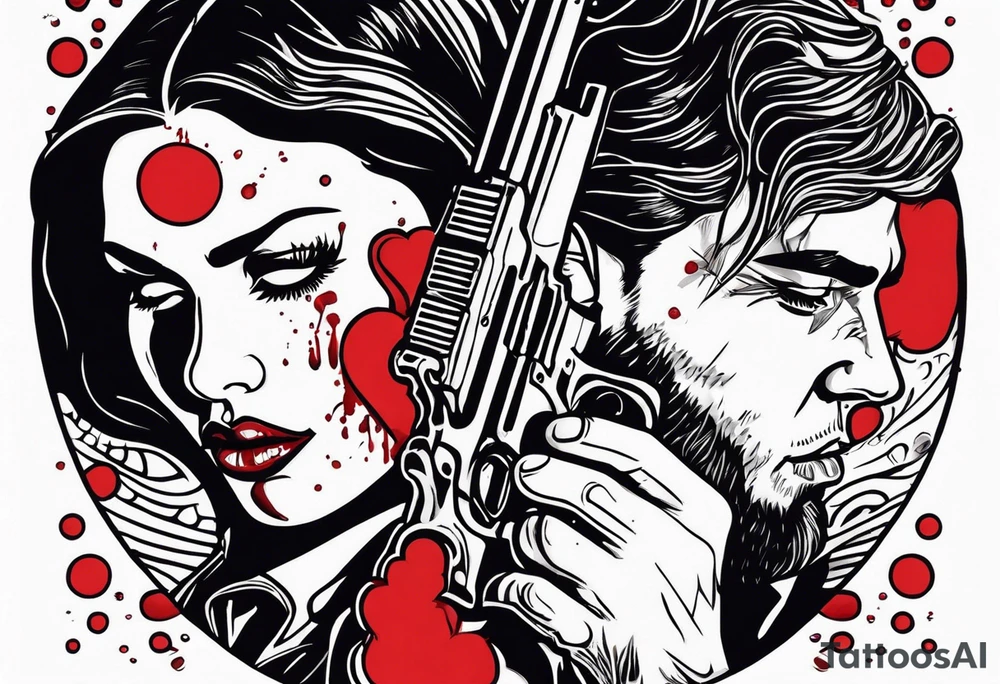 In the reflection of a eye crying blood two black siloets of people holding guns one man dead on the ground with a wounded woman standing behind him tattoo idea