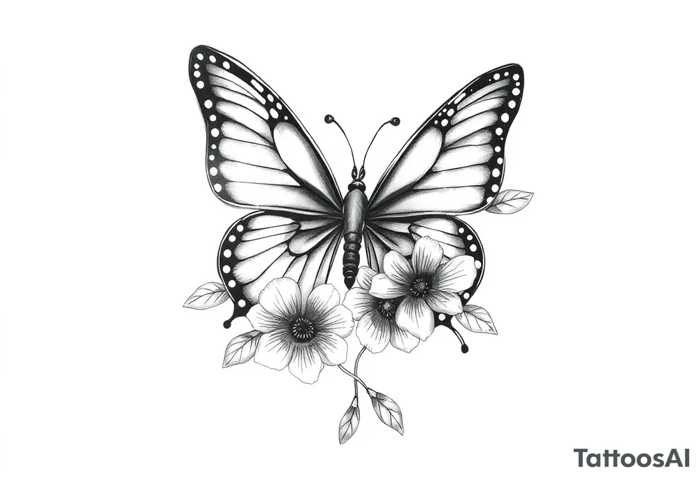 blackink work and shading butterfly with flowers tattoo idea