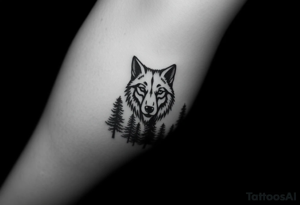 Dark wooded area with a large wolf head over the treeline tattoo idea
