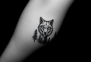 Dark wooded area with a large wolf head over the treeline tattoo idea
