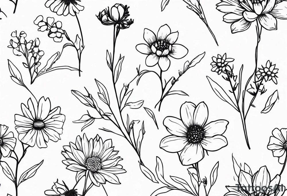 wildflower bouquet with birthflowers for April, May, June, august, october, november tattoo idea