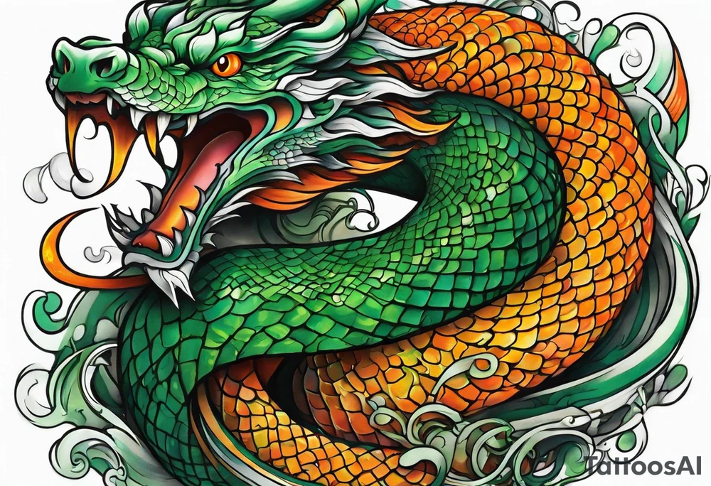 Long Snake dragon green orange tattoo idea
