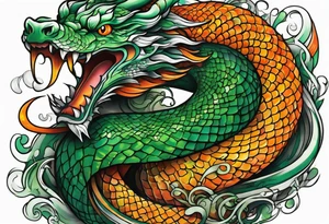 Long Snake dragon green orange tattoo idea