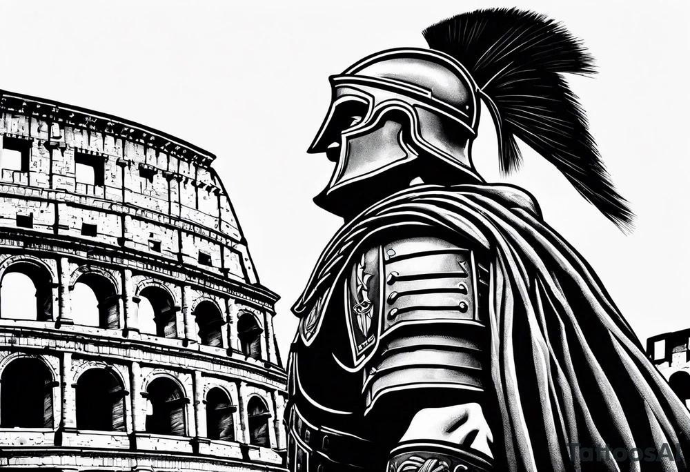 Side profile of spartan soilder looking right at Roman colosseum tattoo idea