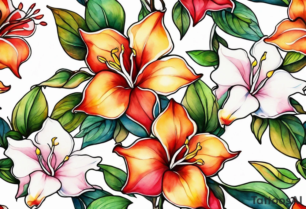 abstract mandevilla flowers on a vine, part of it watercolor, part of it just line work tattoo idea