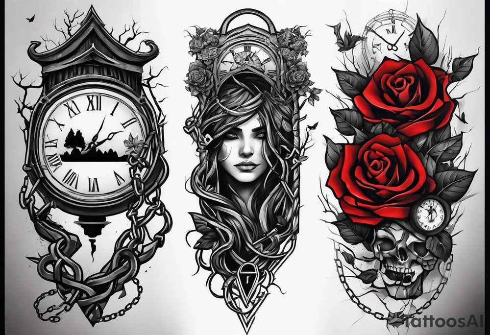 tattoo sleeve, tree roots break out of the chains at the bottom of the hand, Symbolizing loss, an image of a broken mask, Clock with flying numbers, girl, skull, roses tattoo idea