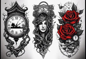 tattoo sleeve, tree roots break out of the chains at the bottom of the hand, Symbolizing loss, an image of a broken mask, Clock with flying numbers, girl, skull, roses tattoo idea