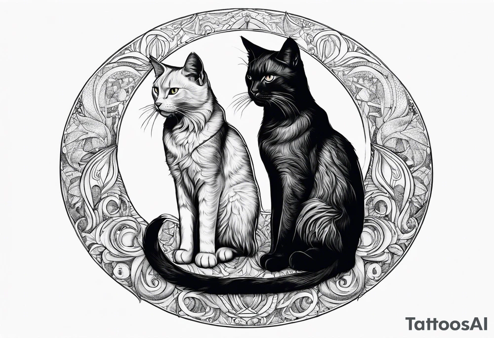 2 cats in laid crescent moon tattoo idea