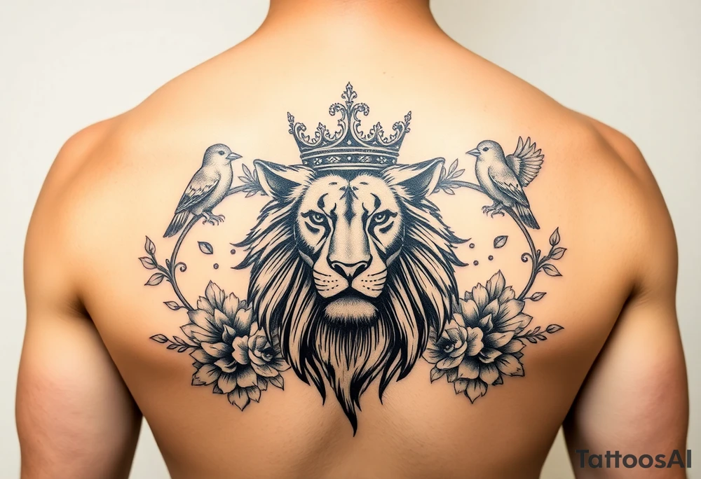 powerful majestic lion with a crown, surrounded by floral ornaments and birds tattoo idea