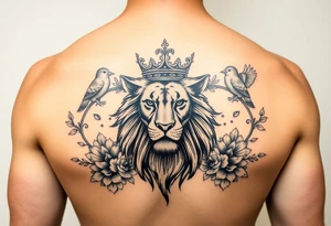 powerful majestic lion with a crown, surrounded by floral ornaments and birds tattoo idea