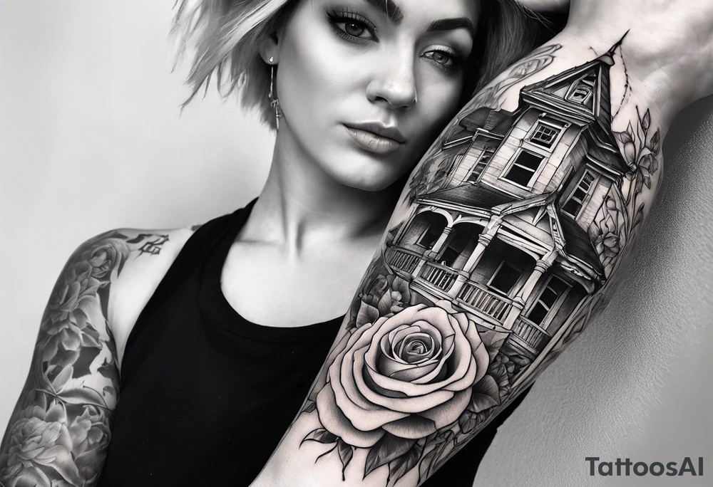 fool sleeve,, abandoned old gotic house, broken sword, roses, tattoo idea
