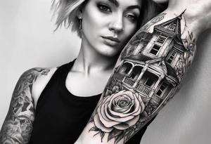 fool sleeve,, abandoned old gotic house, broken sword, roses, tattoo idea