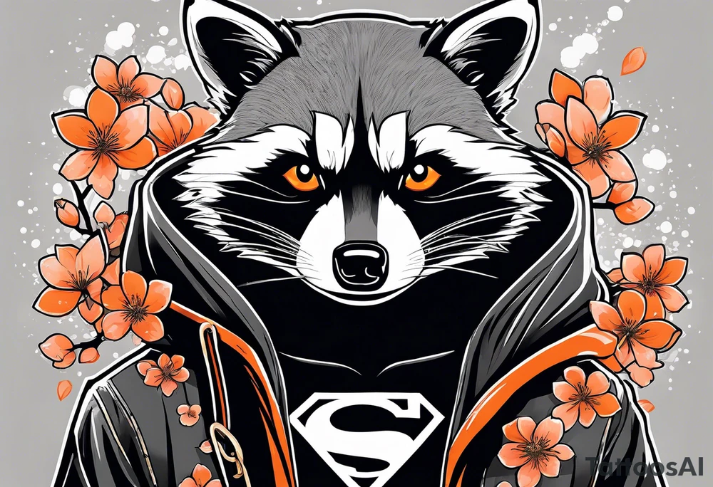 Raccoon wearing a white Superman logo on a black hoodie and orange Japanese cherry blossoms tattoo idea