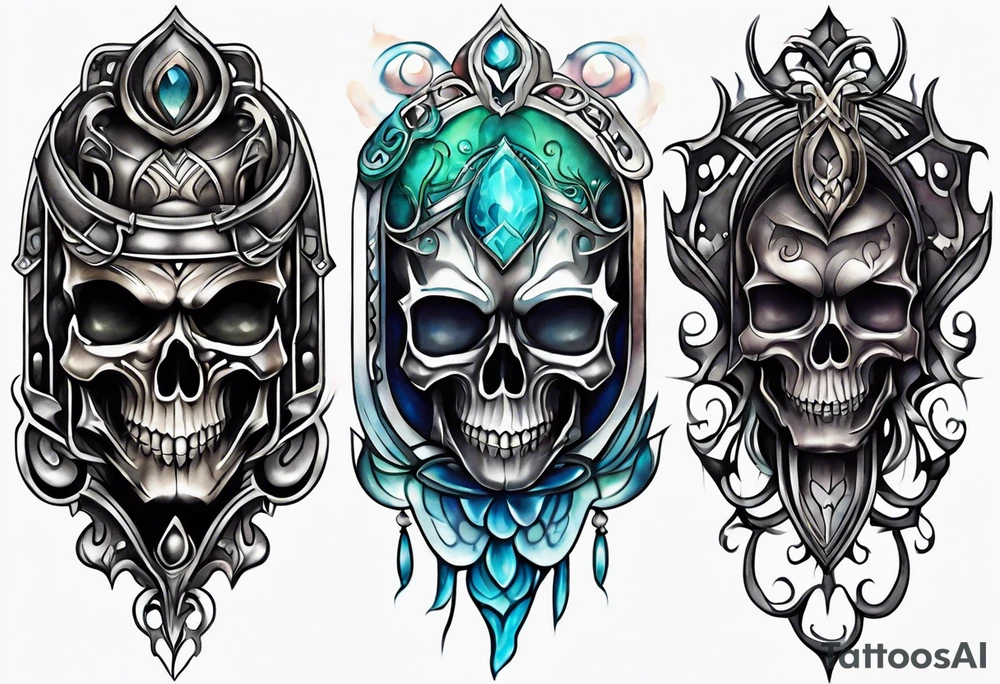 knee tattoo with skull and water colors and shapes tattoo idea
