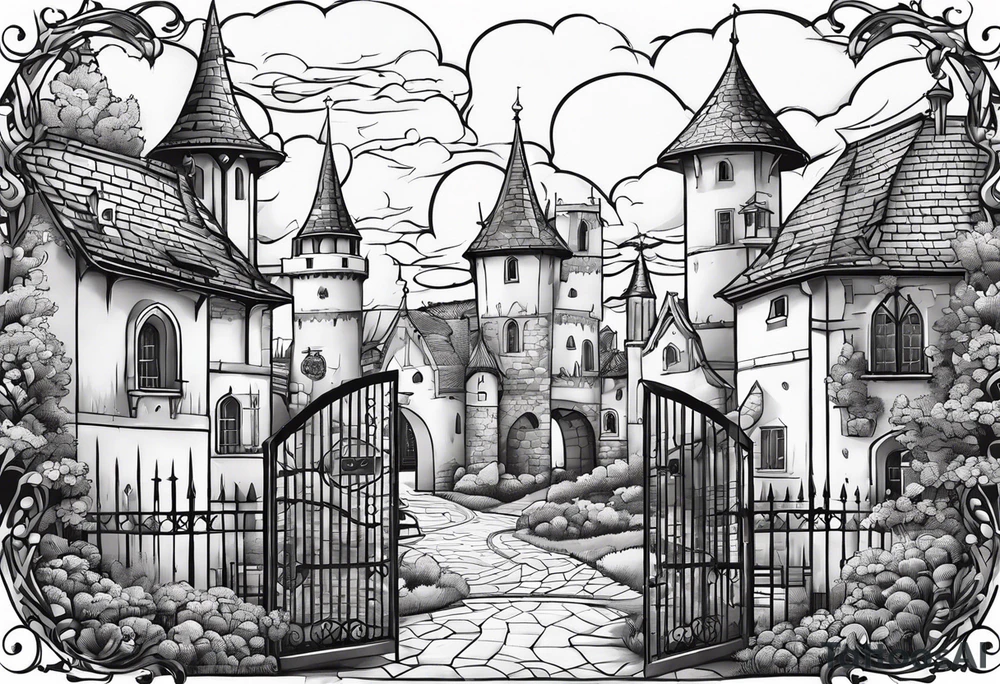 sky medieval town garden with towers small houses gate entrance
in circle white clouds vignette tattoo idea