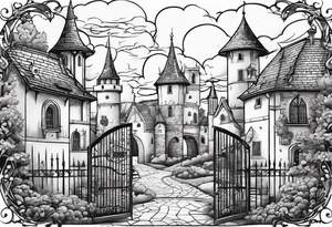 sky medieval town garden with towers small houses gate entrance 
 in circle white clouds  vignette tattoo idea