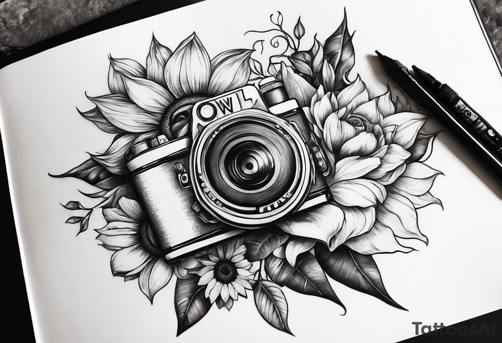 Sunflower, camera, book, owl, flower rose tattoo idea