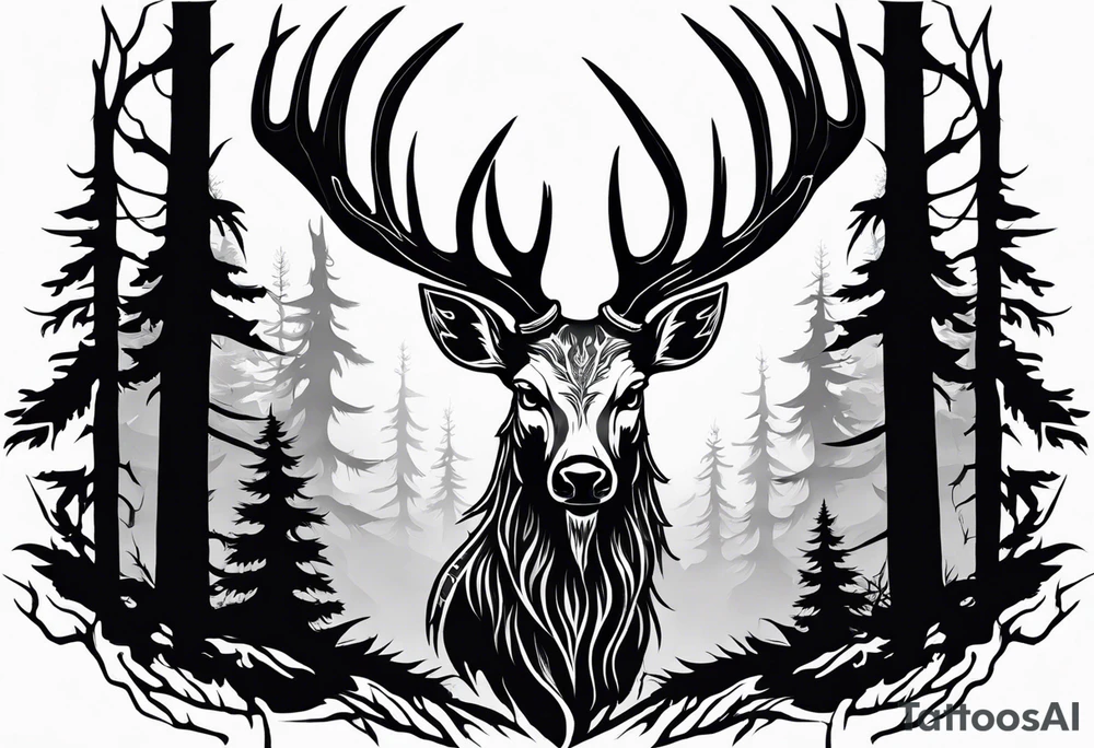 A wendigo with a deer skull head with flames behind in a forest tattoo idea