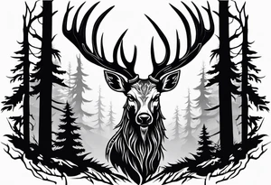 A wendigo with a deer skull head with flames behind in a forest tattoo idea