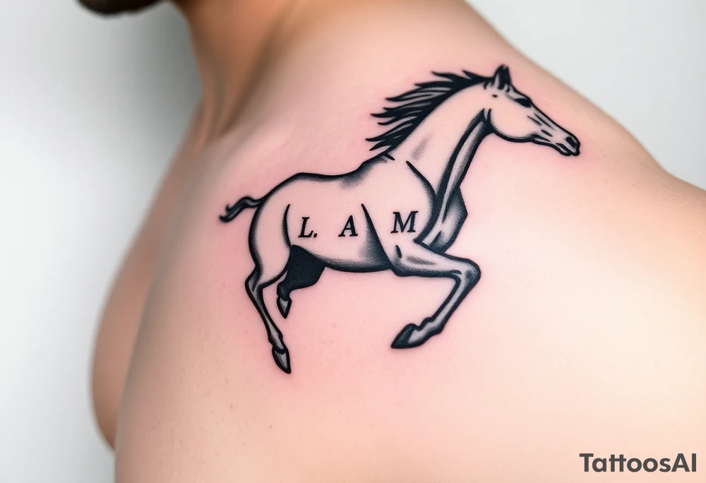 horse silhouette 
from the front which gallops from the front, with the 3 small letters discreetly integrated: L, A, M tattoo idea