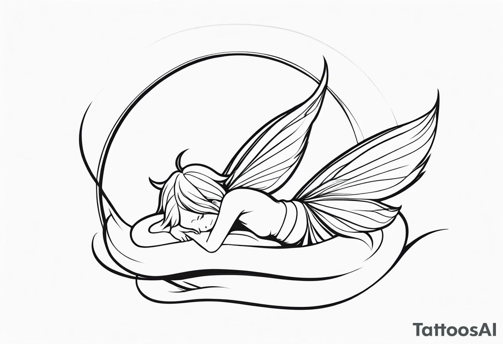No color fairy with a tail inspired by the logo of the anime show called Fairy Tail in a fetal position leaning in and forward while sleeping tattoo idea
