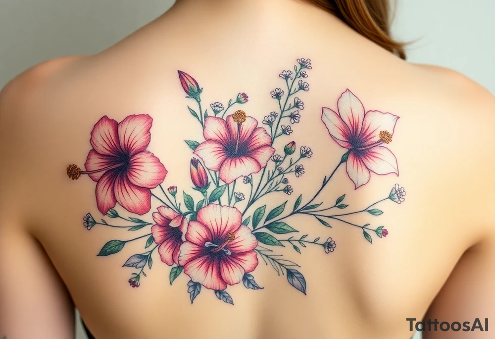 vintage bouquet of wild hibiscus
 and meadow flowers with morning dew and a fox tattoo idea
