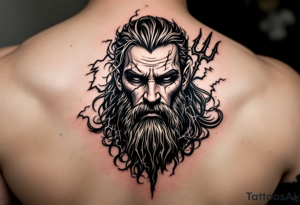 fit poseidon, behind a trident, with lightning tattoo idea