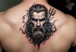 fit poseidon, behind a trident, with lightning tattoo idea