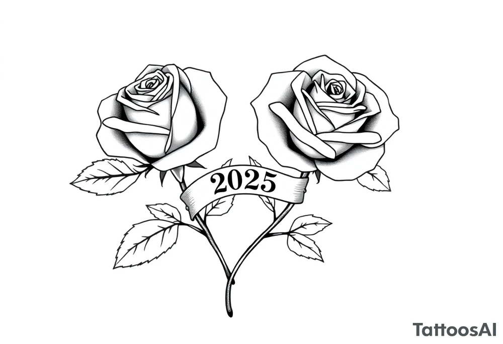two beautiful large rose buds, one larger than the other, with many leaves next to the rose buds, with one sitting higher than the other. Include a banner connecting the two roses with the year 2025 on it.   Use dark outlines with little shading. The two stems should be short, not long, and connect and join into one stem, whimsically curved or twisted - not straight down. tattoo idea