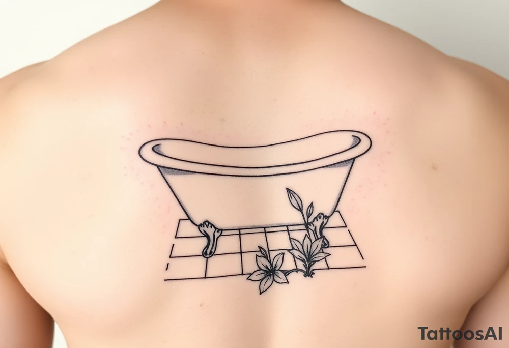 Clawfoot bathtub on tile floor with lily growing out of floor tattoo idea