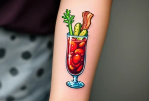 Bloody Mary Brunch – A tall glass with deep red tomato juice, celery stalk, pickle, and bacon strip garnish. All drawn in high color saturation and bold outlines. tattoo idea