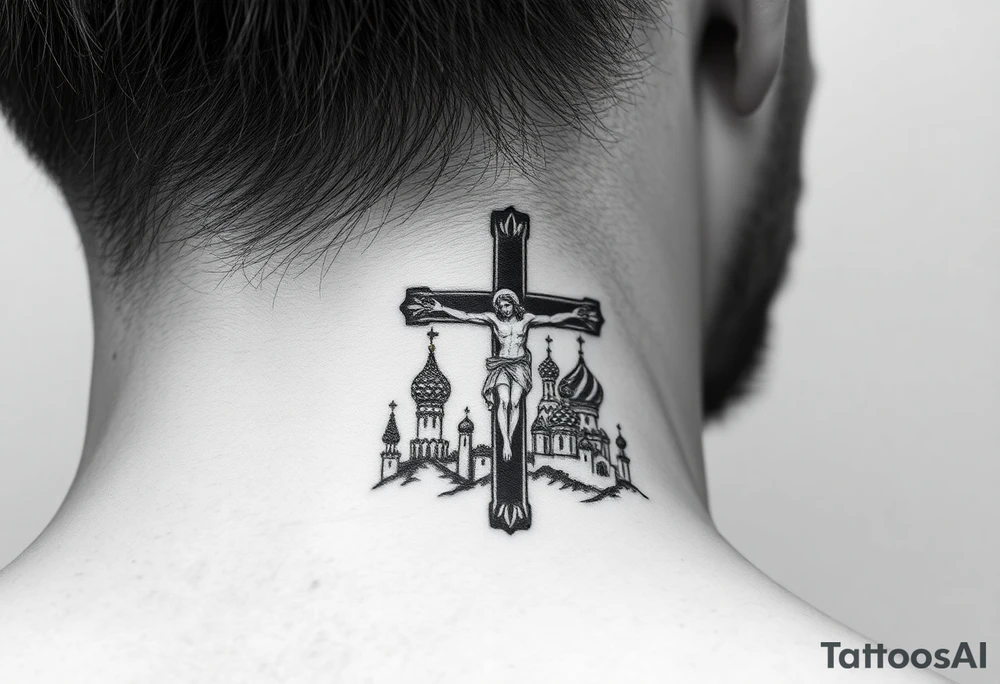 Traditional orthodox ICXC Christian cross with an orthodox Jesus Christ on the cross in a wilderness Russian Kremlin setting tattoo idea