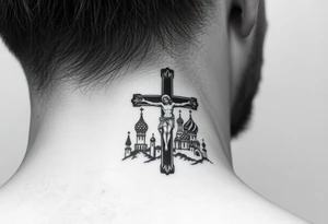 Traditional orthodox ICXC Christian cross with an orthodox Jesus Christ on the cross in a wilderness Russian Kremlin setting tattoo idea