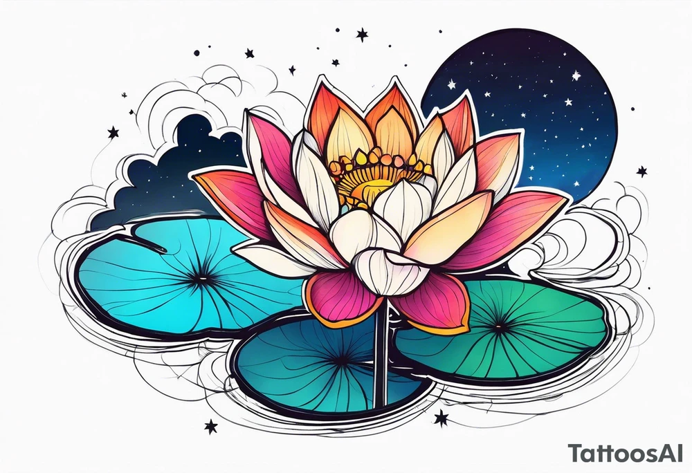 Single Vibrant colorful lotus flower on the pond with the night sky in the background tattoo idea