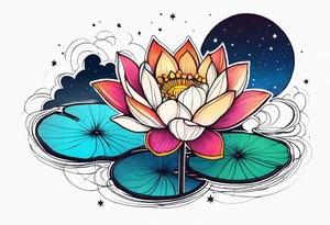 Single Vibrant colorful lotus flower on the pond with the night sky in the background tattoo idea