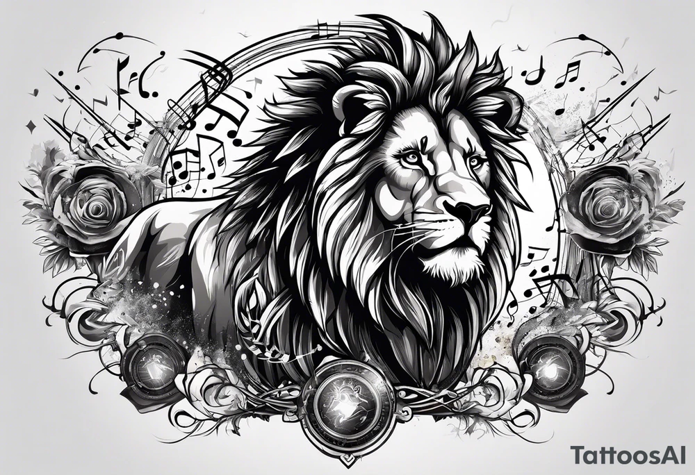 lion throwing music notes and thunder bolts tattoo idea