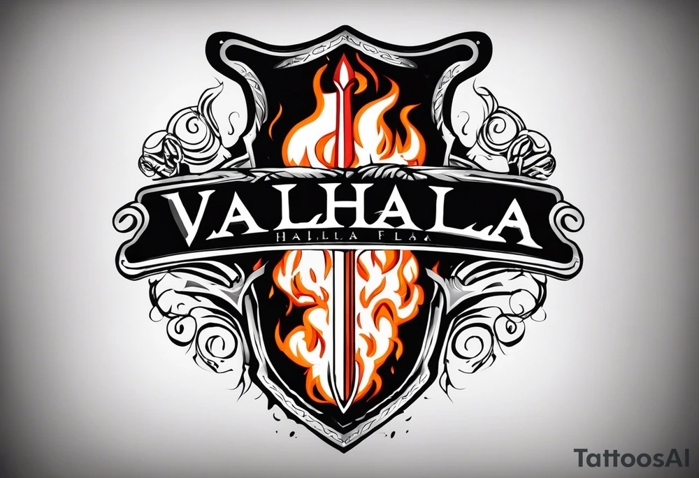 Valhalla on  fire shield sword tattoo idea
