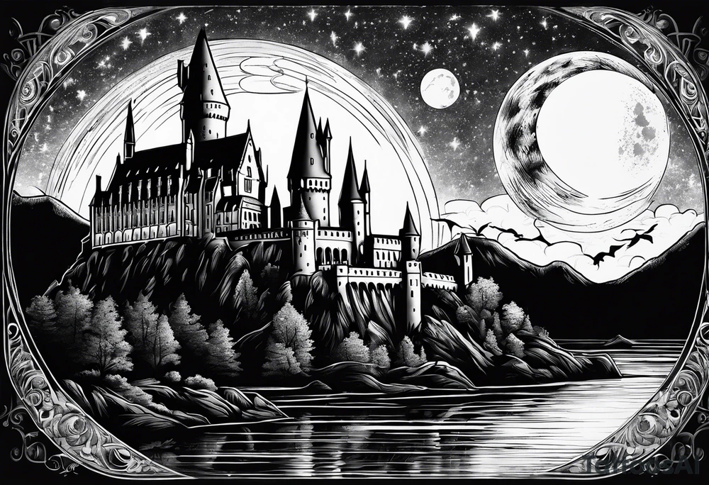 Hogwarts Castle with water around it and the moon in the sky tattoo idea