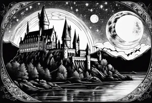 Hogwarts Castle with water around it and the moon in the sky tattoo idea