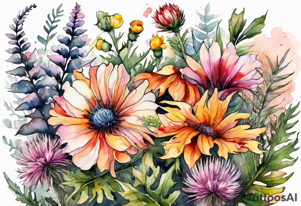 wildflowers with thistles, ferns, white flowers, pink flowers, burnt orange flowers, red flowers and yellow flowers all in watercolor tattoo idea