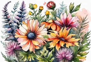 wildflowers with thistles, ferns, white flowers, pink flowers, burnt orange flowers, red flowers and yellow flowers all in watercolor tattoo idea